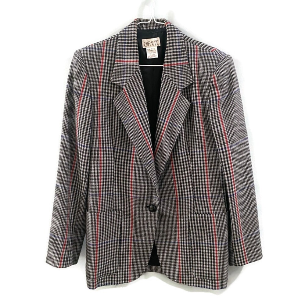 Vintage Giraffe Houndstooth Single Button Blazer- Black/Red/Blue 6